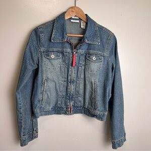 liz & co. Blue Jean Jacket with Full Red Zipper Size Petite Large EUC